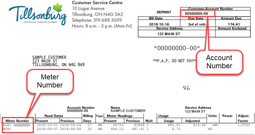 You can find your account number and meter number on your bill as shown.